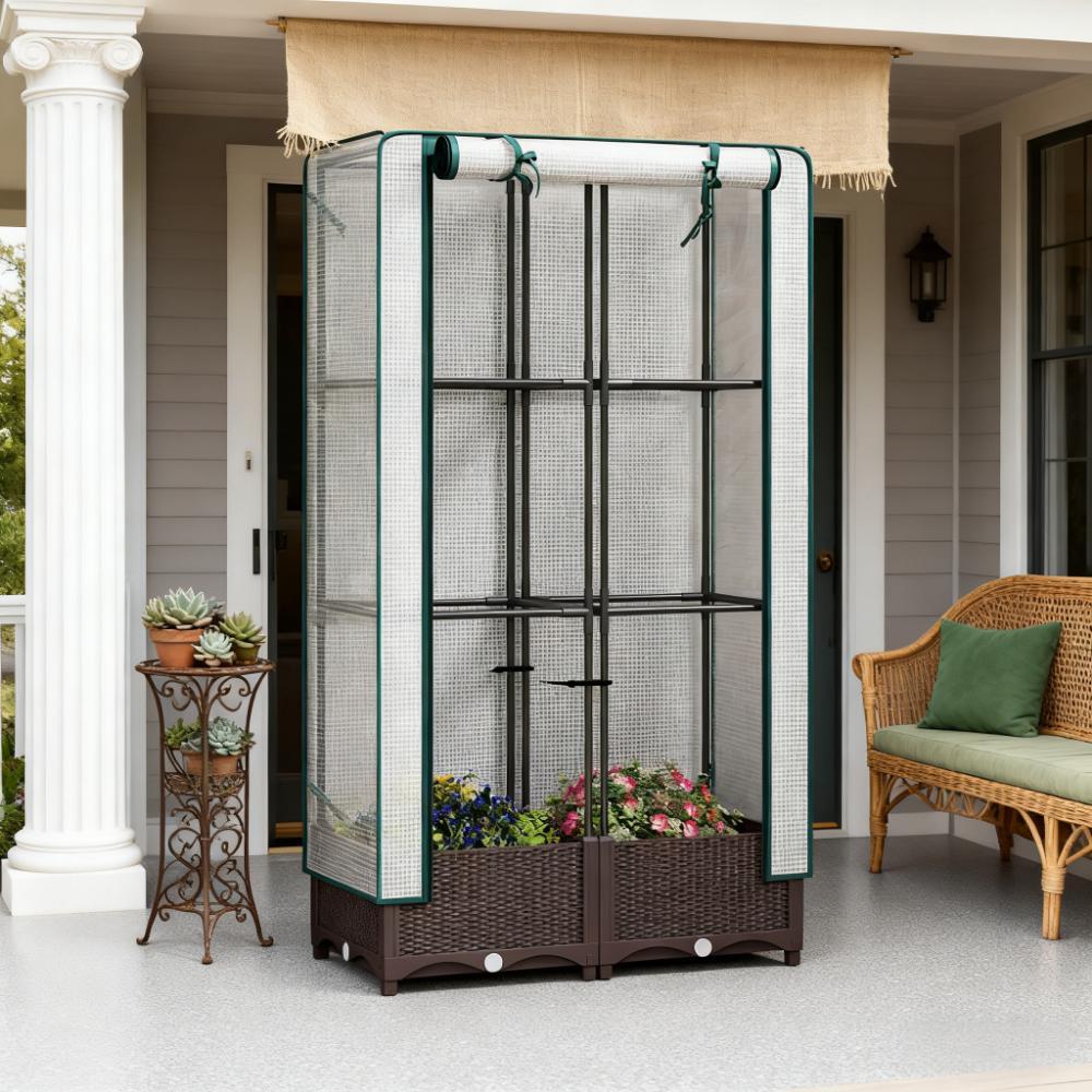 Outdoor Plant Box,Garden Bed with Trellis,with Cover,Drainage Holes and Zipper Door Media 1