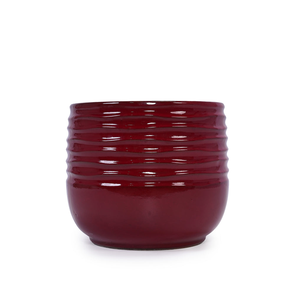 Handmade Glazed Ceramic Planter Set of 3, 15/11/8 Inch Diameter, Horizontal Groove Pattern, for Succulents & Flowering Plants Outdoor Garden & Indoor Staircase Bookshelf Use, Breathable Clay, Deep Red Media 13