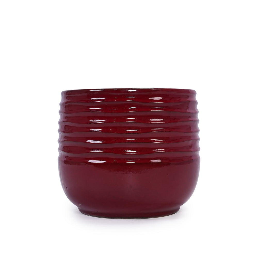Handmade Glazed Ceramic Planter Set of 3, 15/11/8 Inch Diameter, Horizontal Groove Pattern, for Succulents & Flowering Plants Outdoor Garden & Indoor Staircase Bookshelf Use, Breathable Clay, Deep Red Media 13