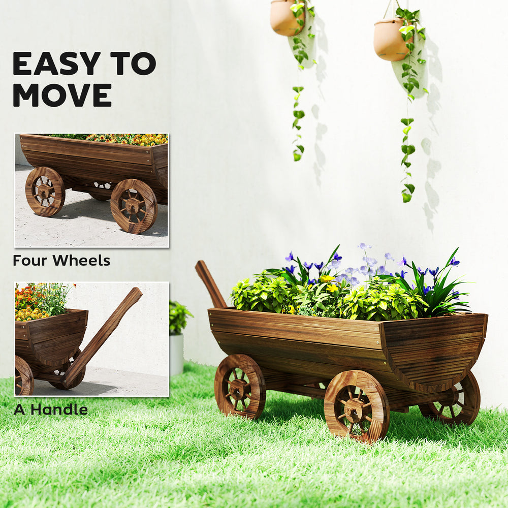 Outsunny Wooden Wagon Planter Box, Mobile Garden Planter with 4 Wheels, Small Wheelbarrow Wagon Flower Cart with Drainage Hole Media 5