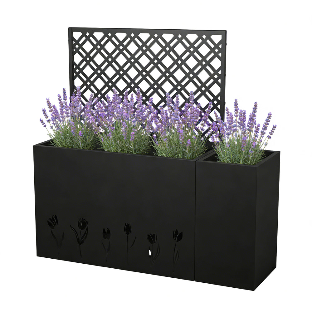 2-Piece Metal Planter Box with Trellis - 23.6in Depth Raised Garden Bed for Outdoor Indoor Use, Rust-Resistant Galvanized Steel Flower Planter with Drainage Holes, Tulip Black Media 9