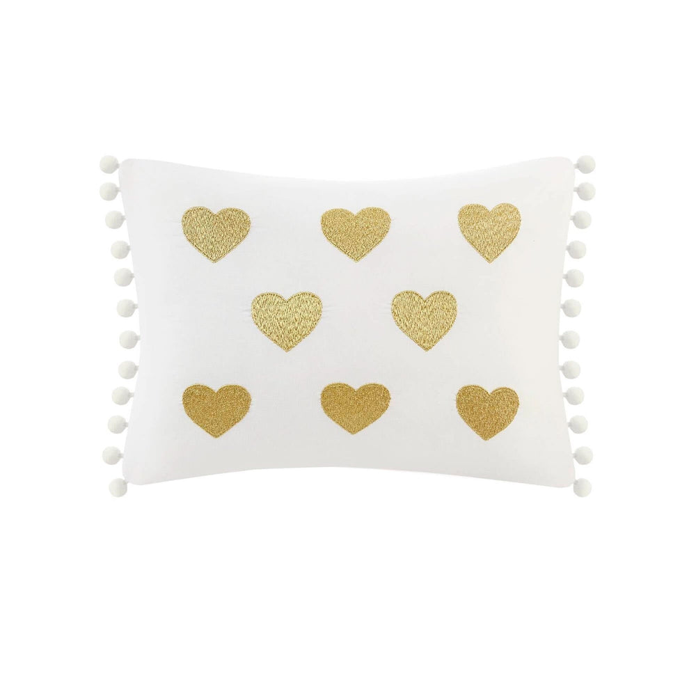 Plush Comforter Set White & Gold Heart Print 4 Piece Full Queen Bedding Includes Shams & Throw Pillow Media 11
