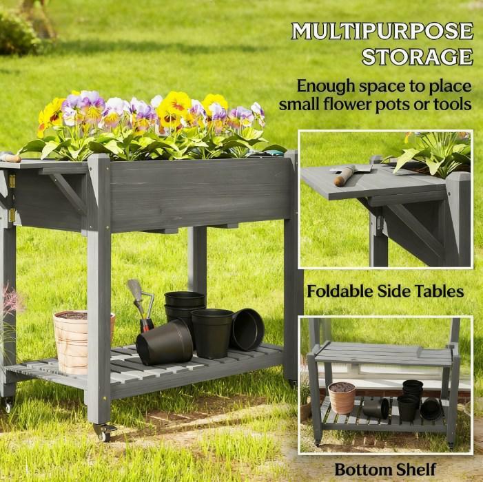 Elevated Garden Bed,Wood Raised Planter Box,with Lockable Wheels,Side Tables,Bottom Shelf,Drain Holes Media 5