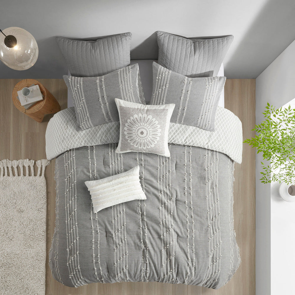 3 Piece Cotton Jacquard Comforter Set Gray Full/Queen Media 10