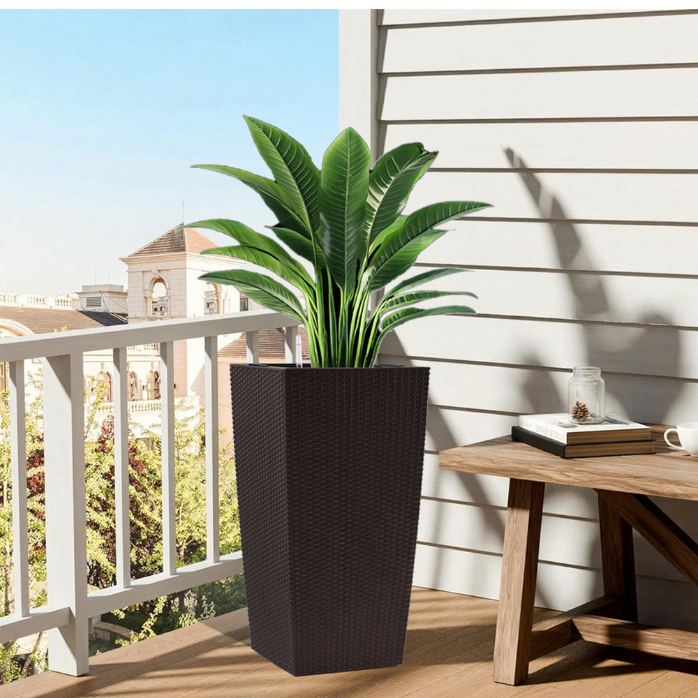 Brown Faux Rattan Large Self-Watering Flower Pot with Drainage Holes & Inner Tray, 30 in Tall Indoor Outdoor Planter for Garden Patio Porch Backyard Media 8