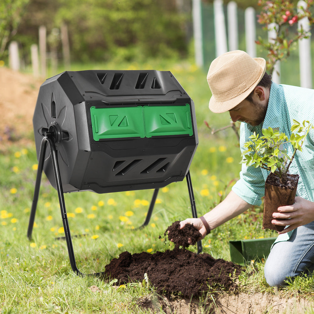 Outsunny Tumbling Compost Bin Outdoor 360° Dual Chamber Rotating Composter 43 Gallon, Green Media 2