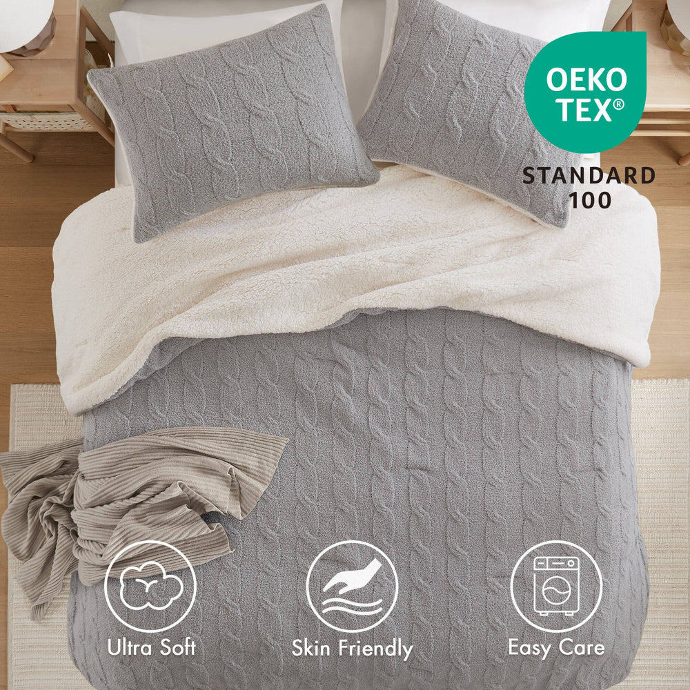 3 Pieces Full/Queen Cable Knit Chenille Comforter Set,Gray Media 4