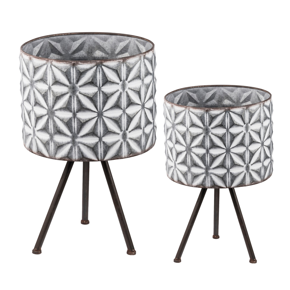 Set of 2 Metal Planter Stand,Round Galvanized Grey Farmhouse Planter Media 1