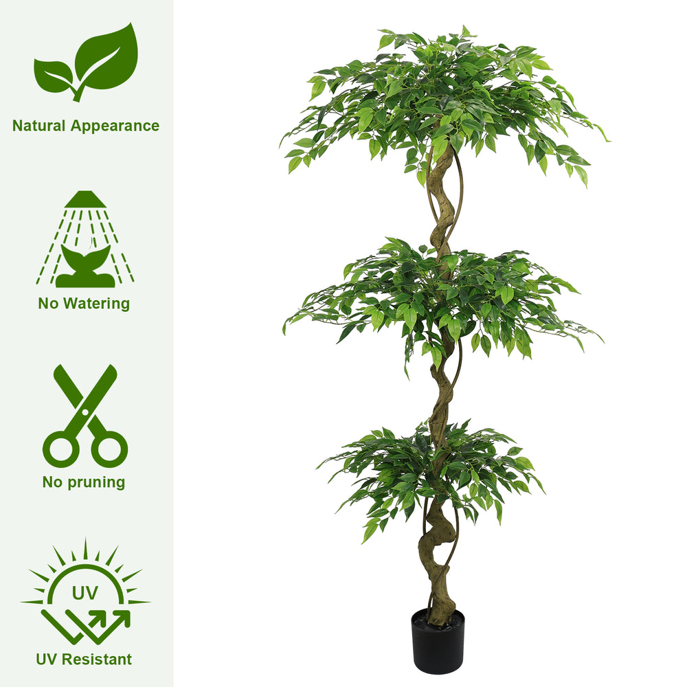 6FT Lifelike Artificial Ficus Tree with Black Pot for Home or Office Decor, Green Plastic Indoor Plant Media 5