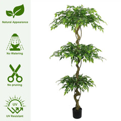 6FT Lifelike Artificial Ficus Tree with Black Pot for Home or Office Decor, Green Plastic Indoor Plant perspective