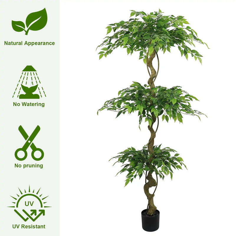 6FT Lifelike Artificial Ficus Tree with Black Pot for Home or Office Decor, Green Plastic Indoor Plant