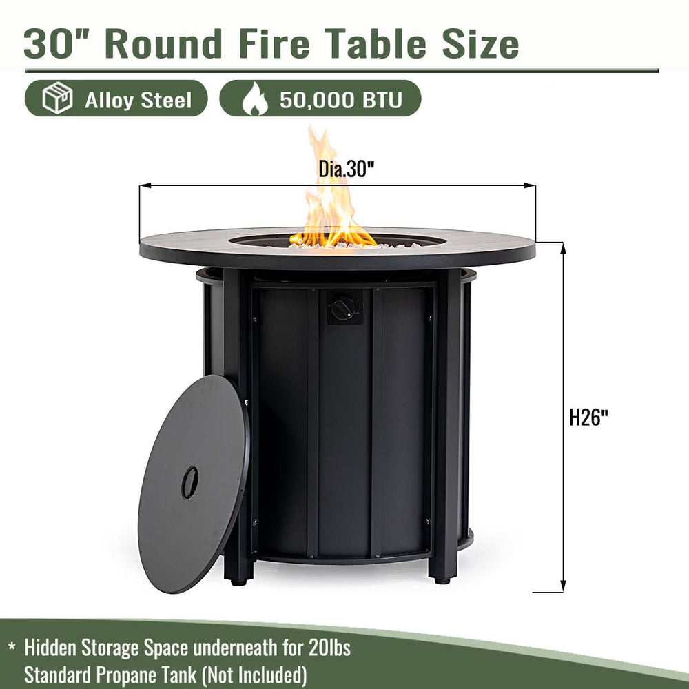 Propane Fire Pit Table Round Steel Wood Grain Ceramic Tabletop For Outdoor Patio & Backyard Entertaining Media 11