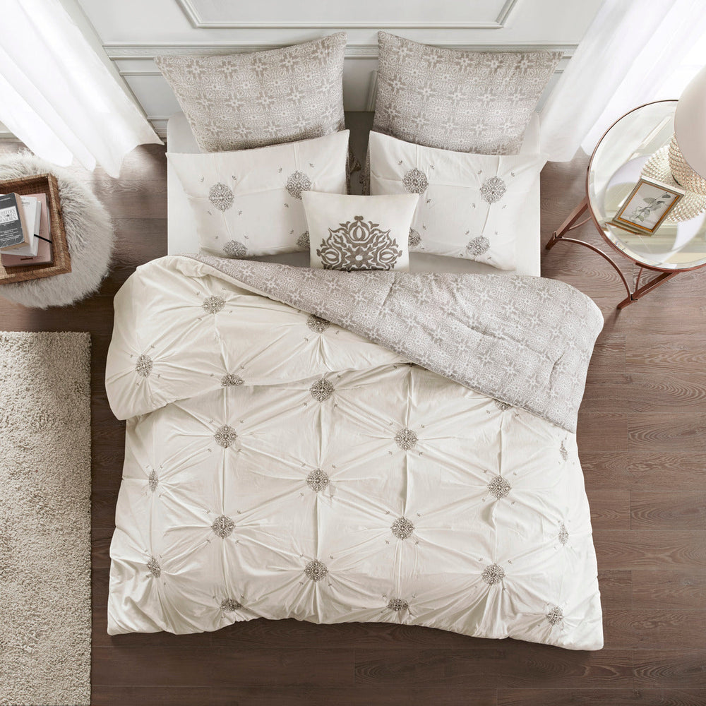 6 Piece Embroidered Cotton Reversible Comforter Set Ivory King/Cal King Media 14