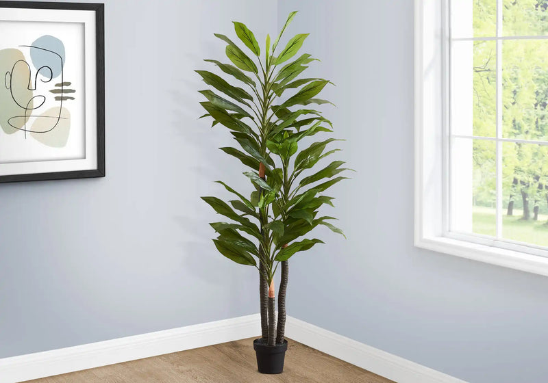 Artificial Plant, 83' Tall, Indoor, Dracaena Tree, Decorative, Faux,  Fake, Floor, Potted, Real Touch, Green Leaves, Black Pot