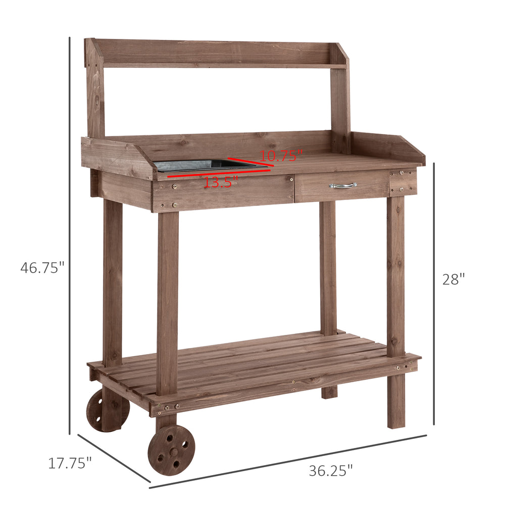 Outsunny 36'' Wooden Potting Bench Work Table with 2 Removable Wheels, Sink, Drawer & Large Storage Spaces, Brown Media 3