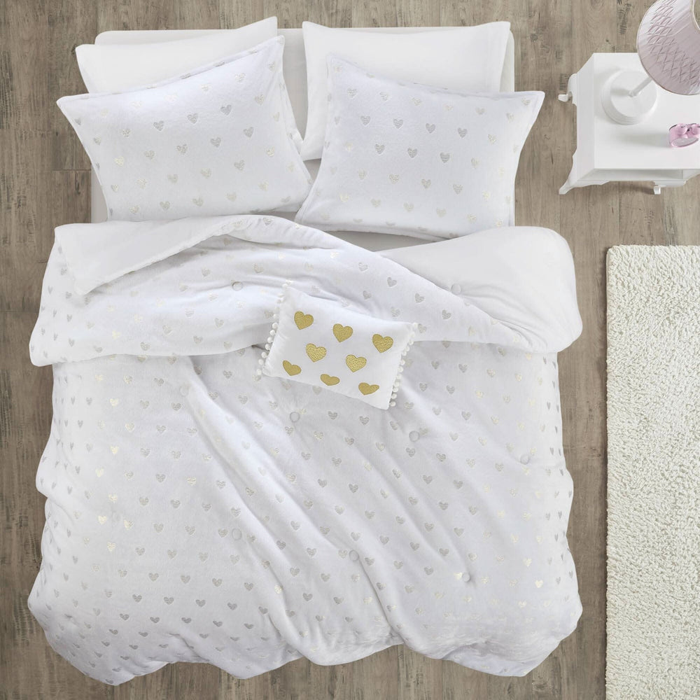Plush Comforter Set White & Gold Heart Print 4 Piece Full Queen Bedding Includes Shams & Throw Pillow Media 6