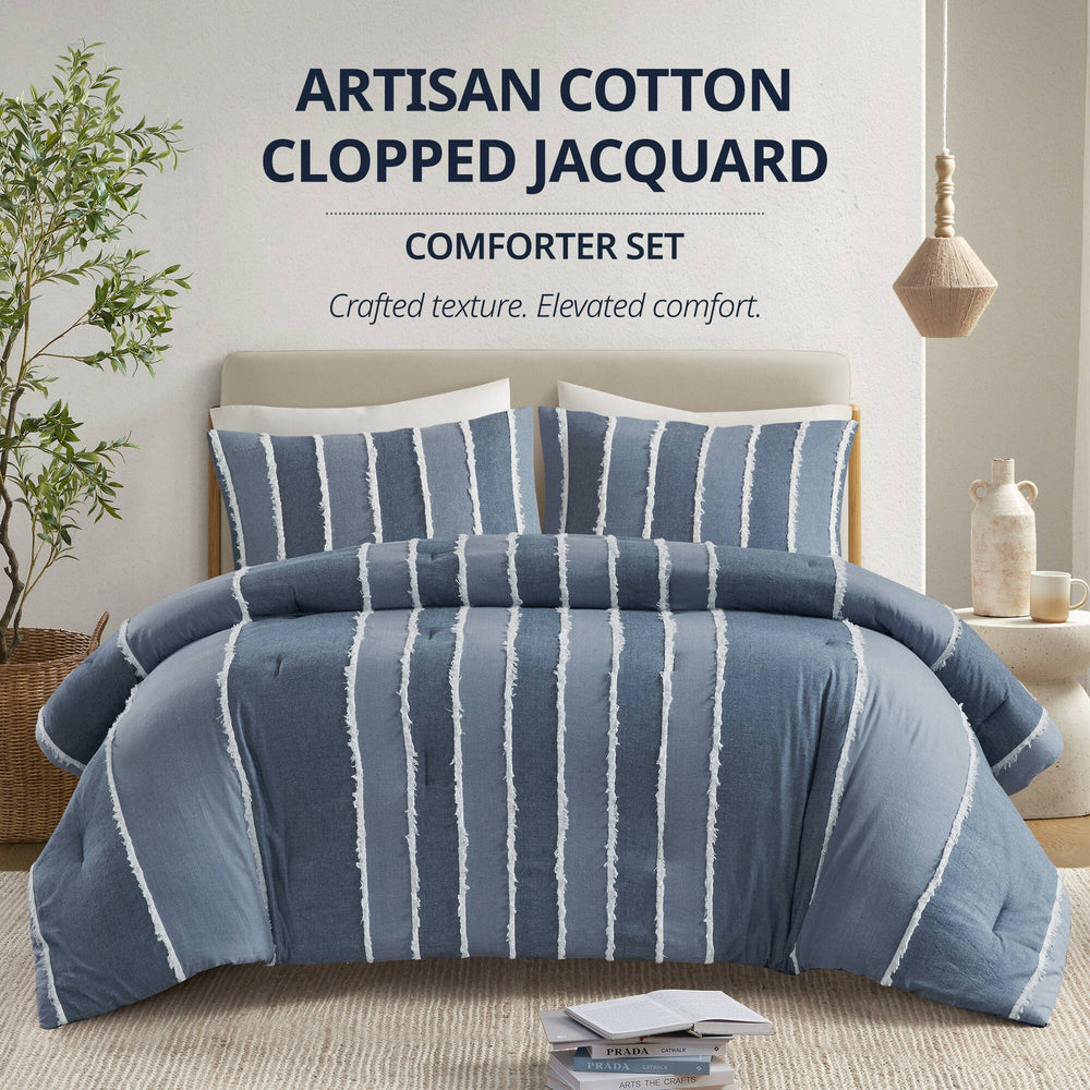 3 Pieces Full/Queen Striped Cotton Comforter Set,Blue Media 7
