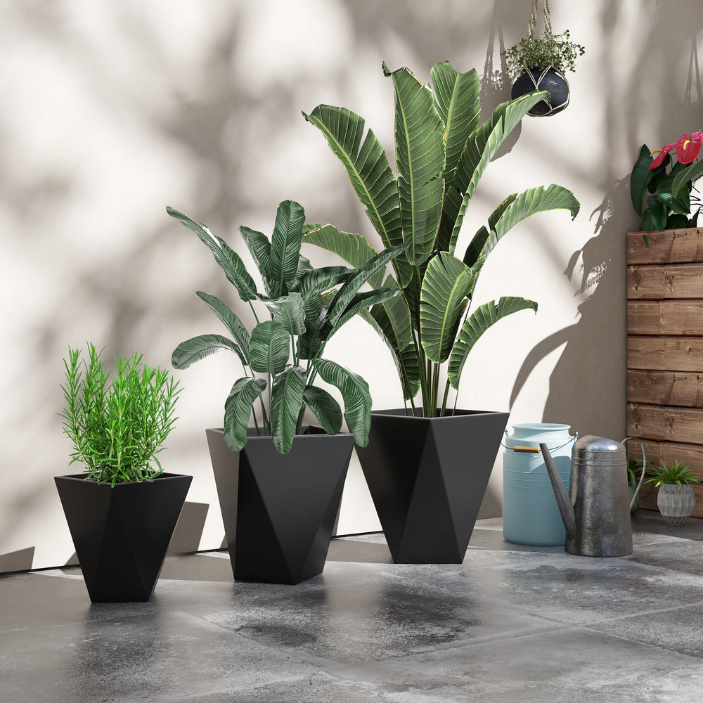 Outsunny Set of 3 Tall Planters, 18', 15.25', 11.75', MgO Indoor Outdoor Planters with Drainage Holes, Stackable Flower Pots for Garden, Patio, Balcony, Front Door, Black Media 2