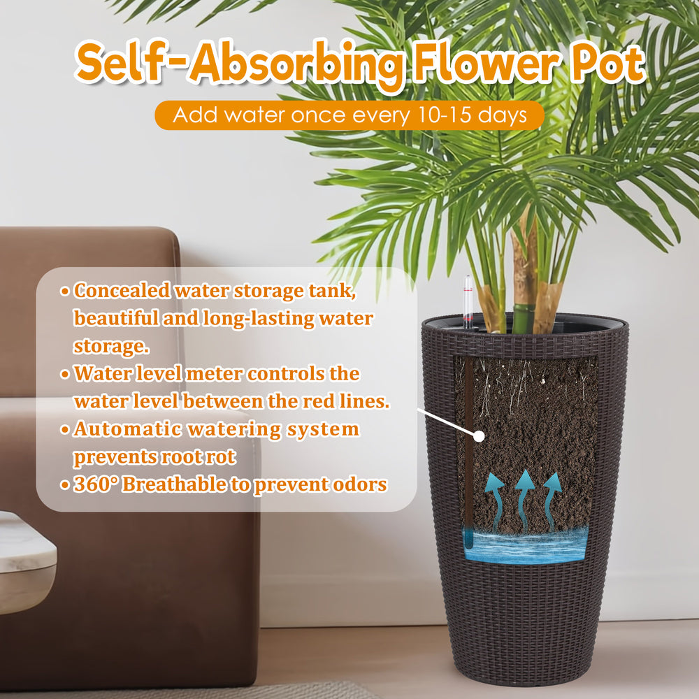 Faux Rattan Tall Planters Set of 2 with Water Level Monitor and Automatic Watering, Brown, 22 Inch Media 4