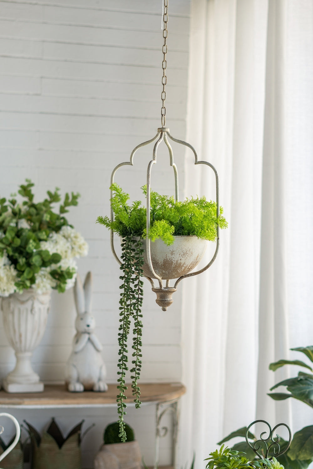 11.8x9.8x21.7' Rustic Hanging Iron Planter with Distressed White Finish Media 1