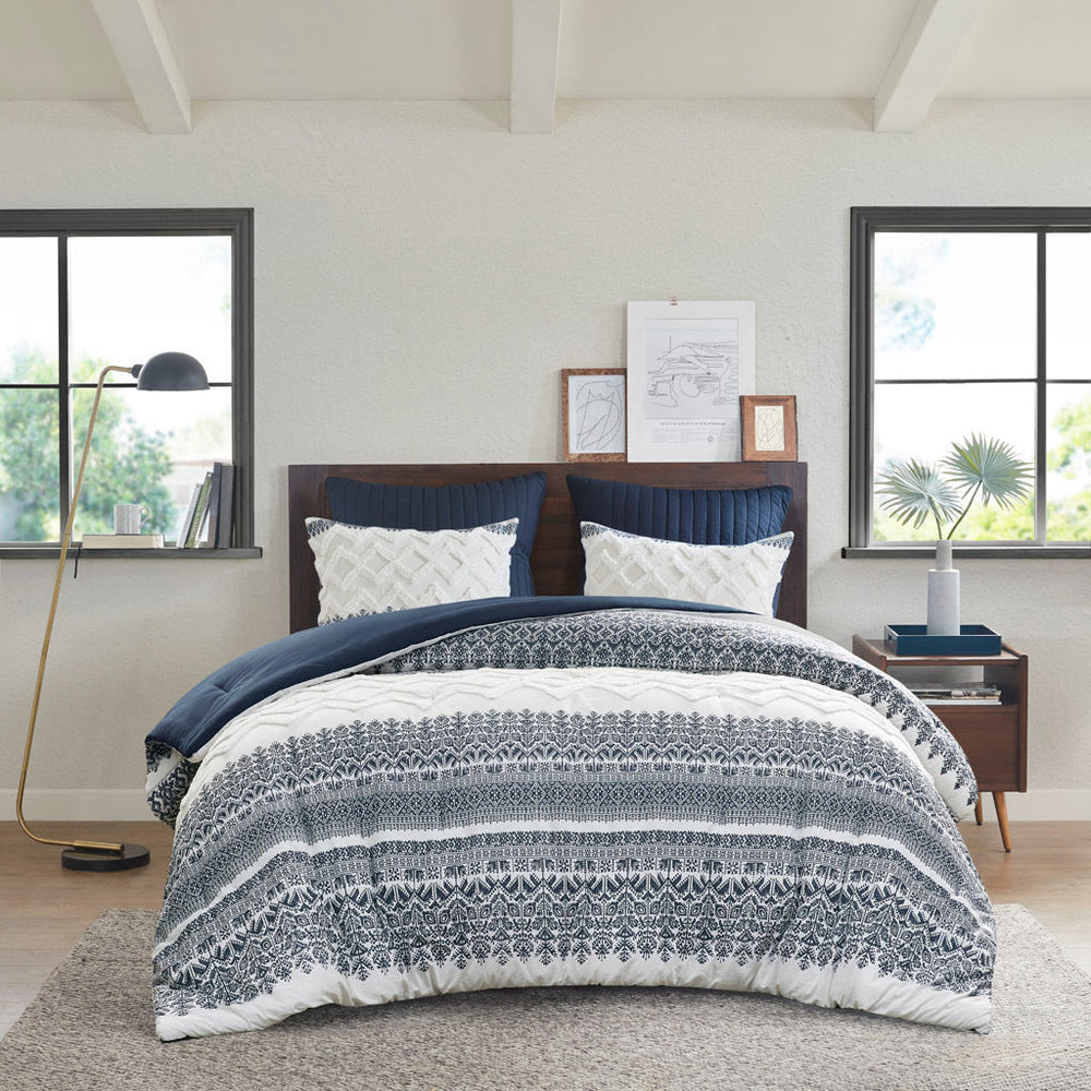 3 Piece Cotton Comforter Set with Chenille Tufting Navy Full/Queen Media 2