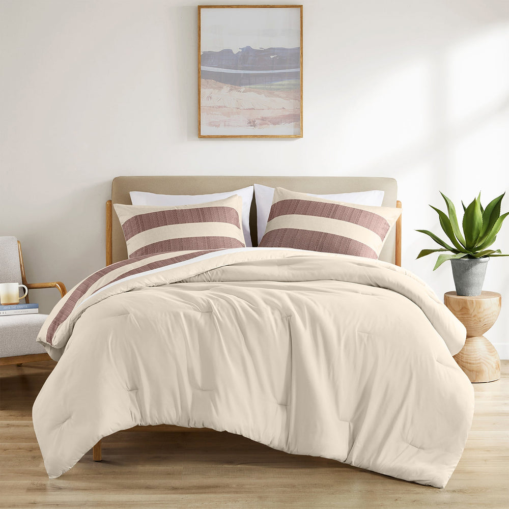 3-Piece King/Cal King Stripe Textured Print Comforter Set,Terracotta Media 1
