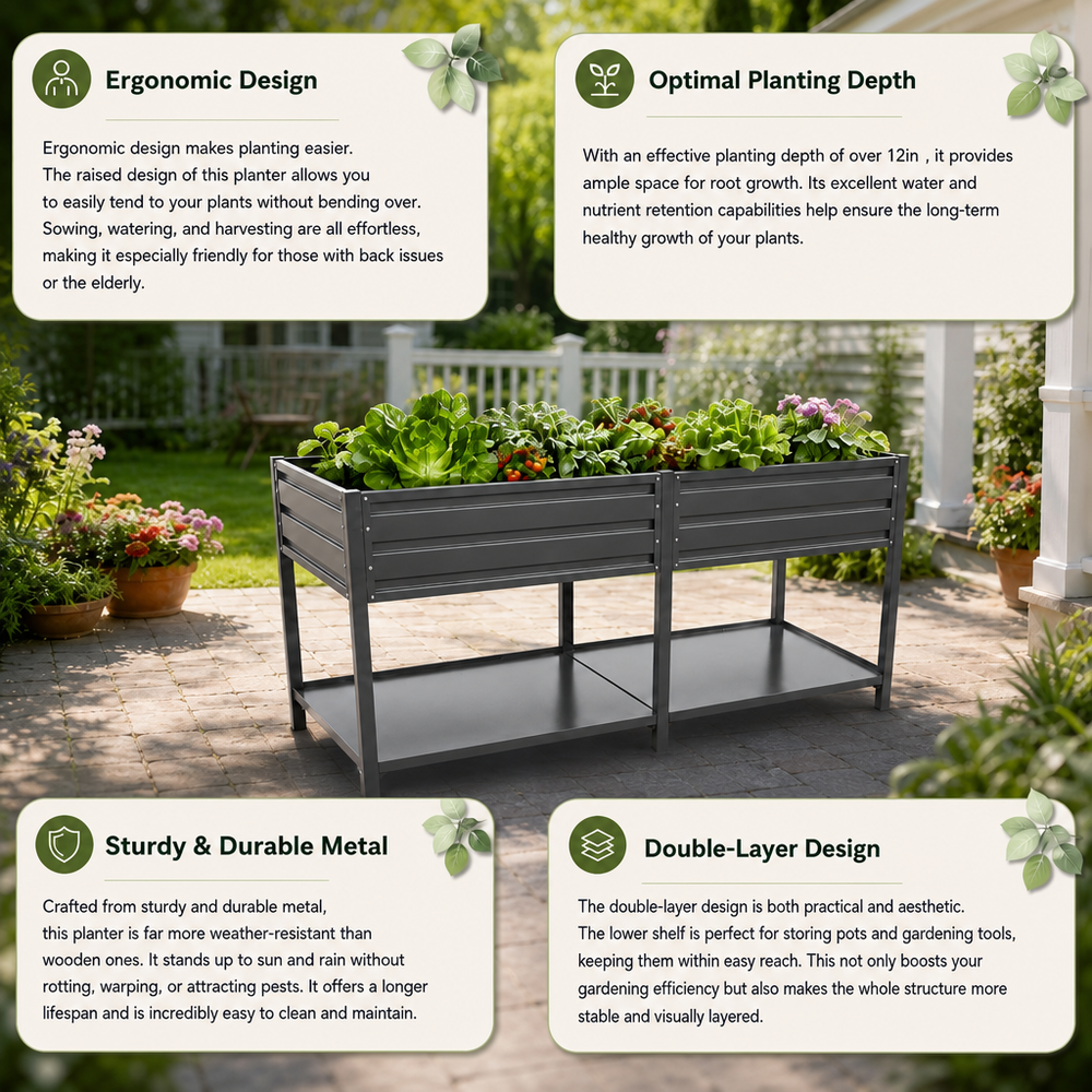 Dual Tier Elevated Metal Raised Garden Bed with Lockable Wheels & Lower Storage Shelf, Dark Gray Staggered Raised Planter Box for Vegetables Herbs Flowers, Outdoor Patio Backyard Raised Planting Bed Media 7