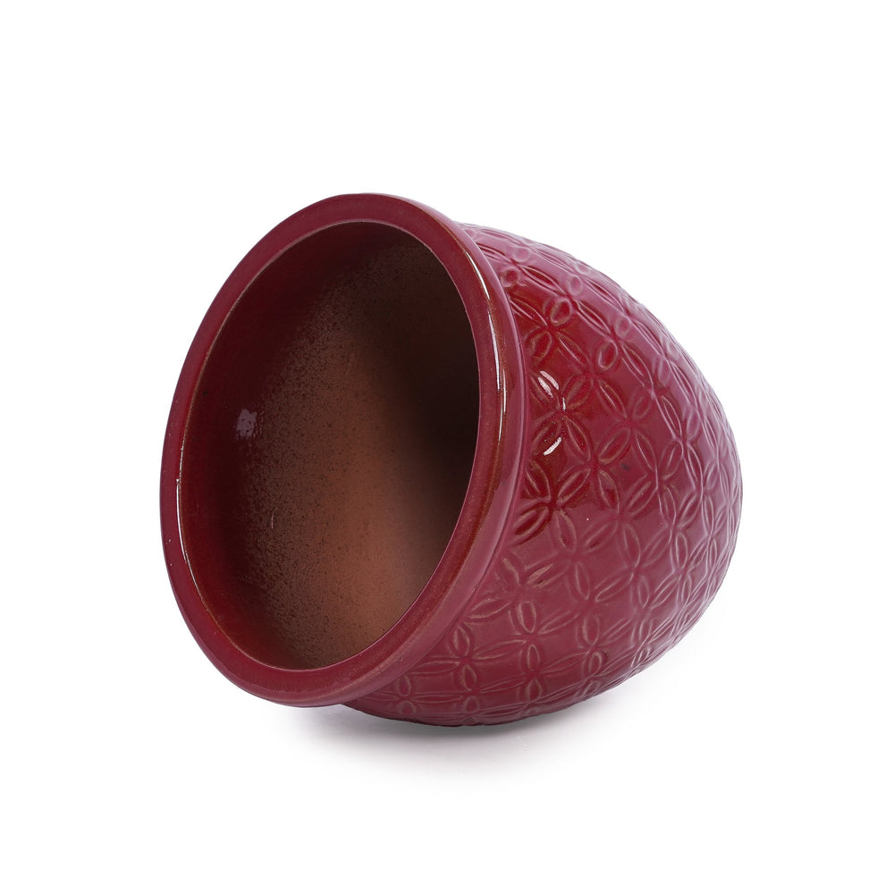 Handmade Ceramic Flower Pot Set of 3, 15/12/10 Inch Diameter, Deep Red with Floral Embossed Pattern, for Orchids Indoor/Outdoor Use on Windowsill & Bookshelf, Breathable Clay Media 24