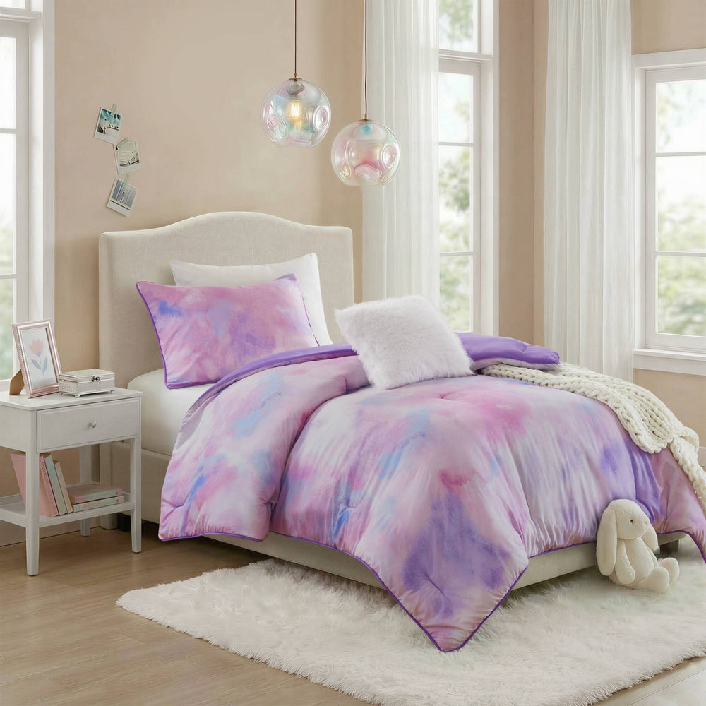 3 Pieces Twin/Twin XL Watercolor Tie Dye Printed Comforter Set with Throw Pillow,Purple Media 1