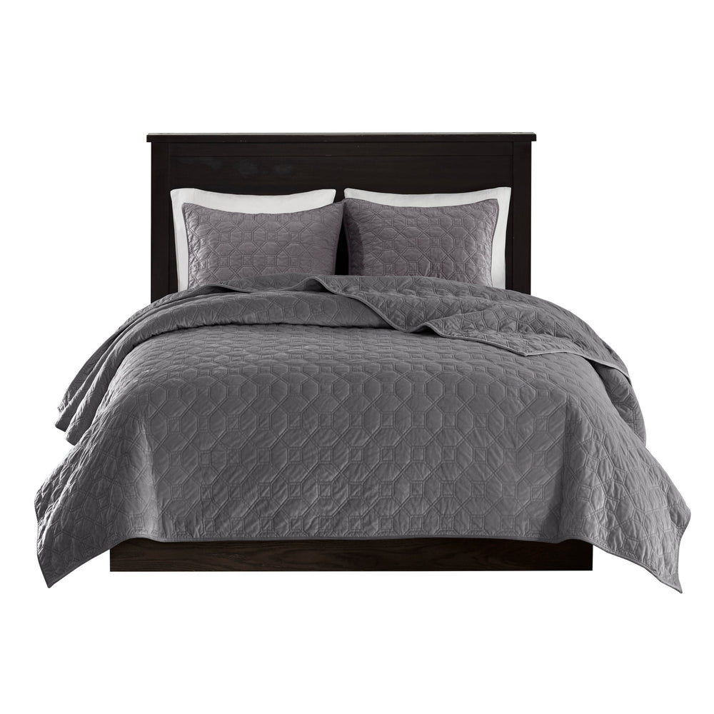 3 Piece Velvet Quilt Set Grey Full/Queen Media 10