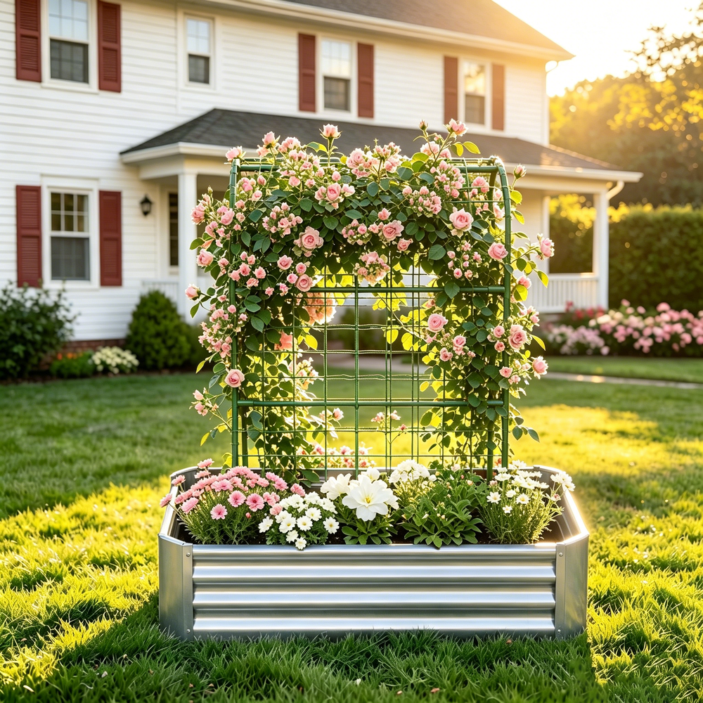 2-in-1 Raised Garden Bed with Trellis - 59' Tall Arch Planter Box for Climbing Plants, Outdoor Galvanized Metal Gardening Bed for Vegetables, Fruits, Flowers (Silver, 4x2x1 Ft) Media 1