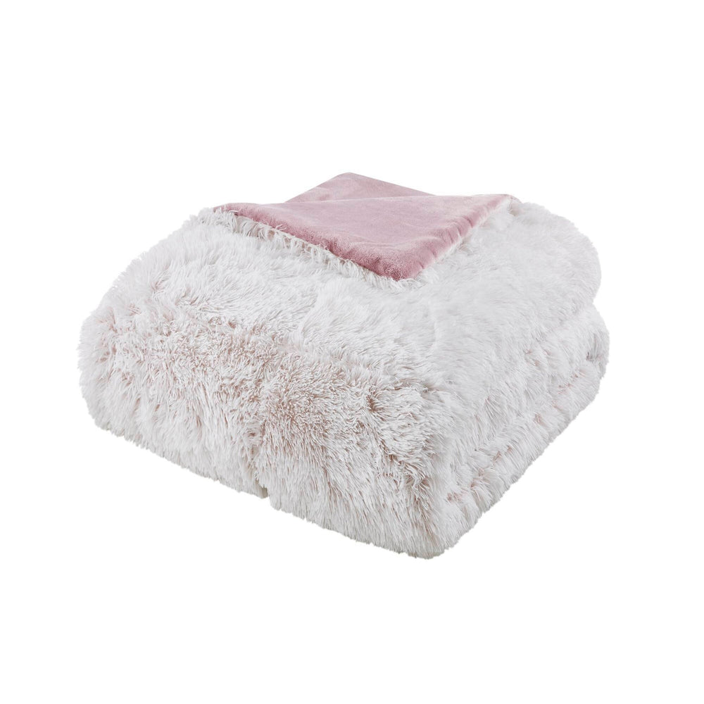 3 PCS Full/Queen Shaggy Faux Fur Comforter Mini Set Pink/White Media 8