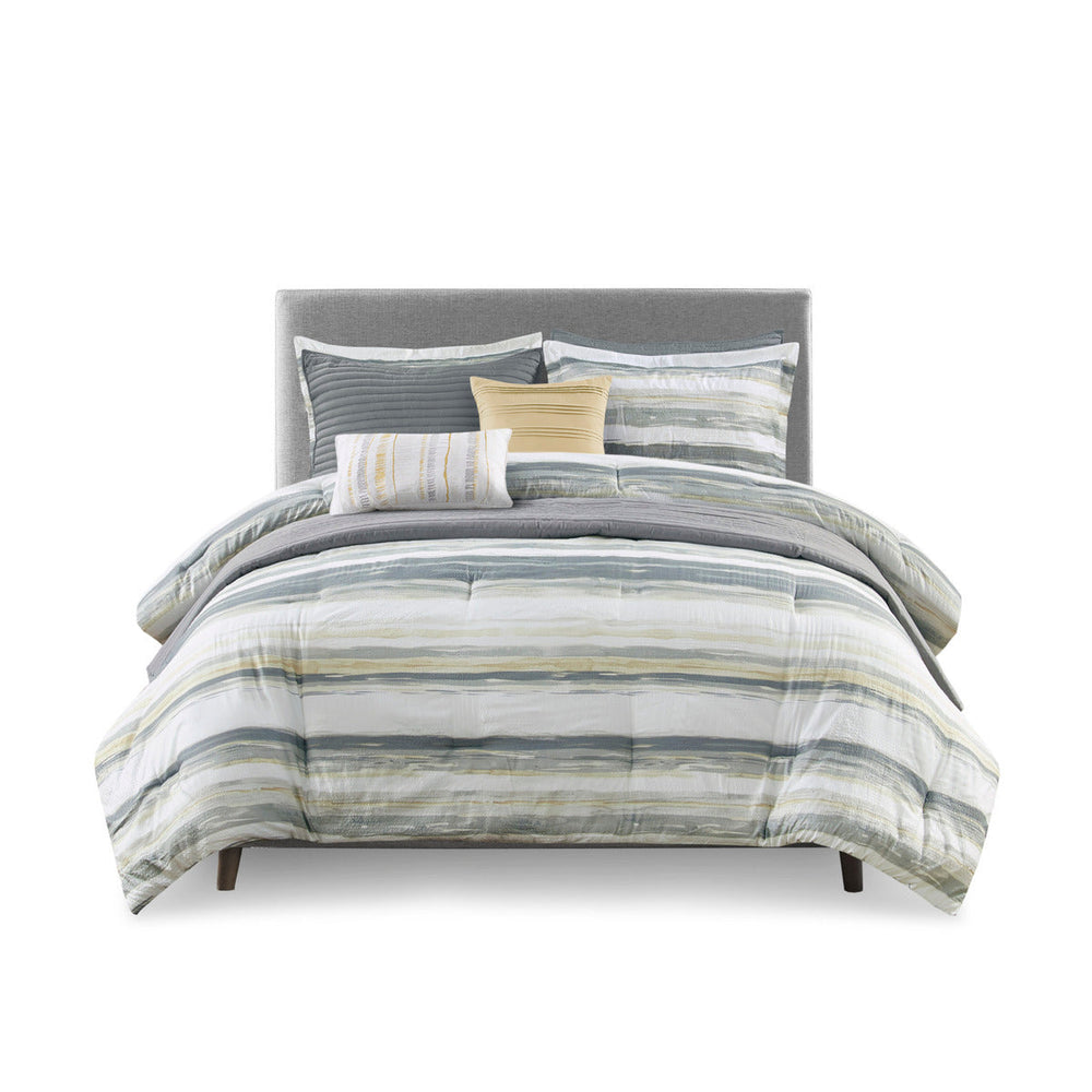 8 Piece Printed Seersucker Comforter and Quilt Set Collection Yellow King/Cal King Media 17