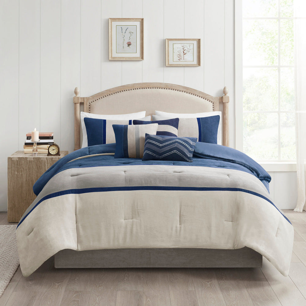 7 Piece Faux Suede Comforter Set Blue Cal King Media 3
