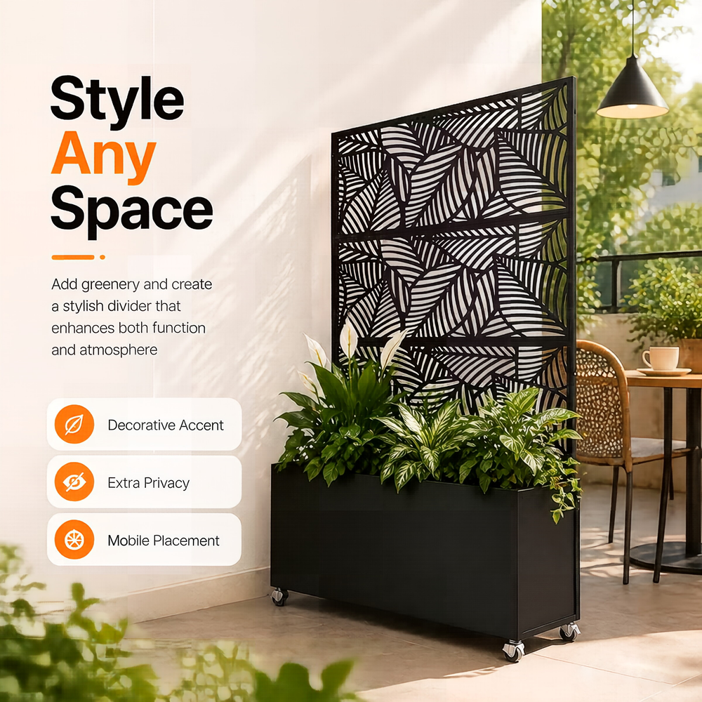 70.87' H × 46.06' W Leaf Pattern Privacy Screen with Planter Box, Black Metal Freestanding Decorative Fence Planter for Patio Balcony Backyard Media 8