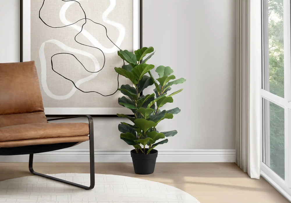 Artificial Plant, 32' Tall, Fiddle Tree, Indoor, Faux, Fake, Floor, Greenery, Potted, Real Touch, Decorative, Green Leaves, Black Pot
