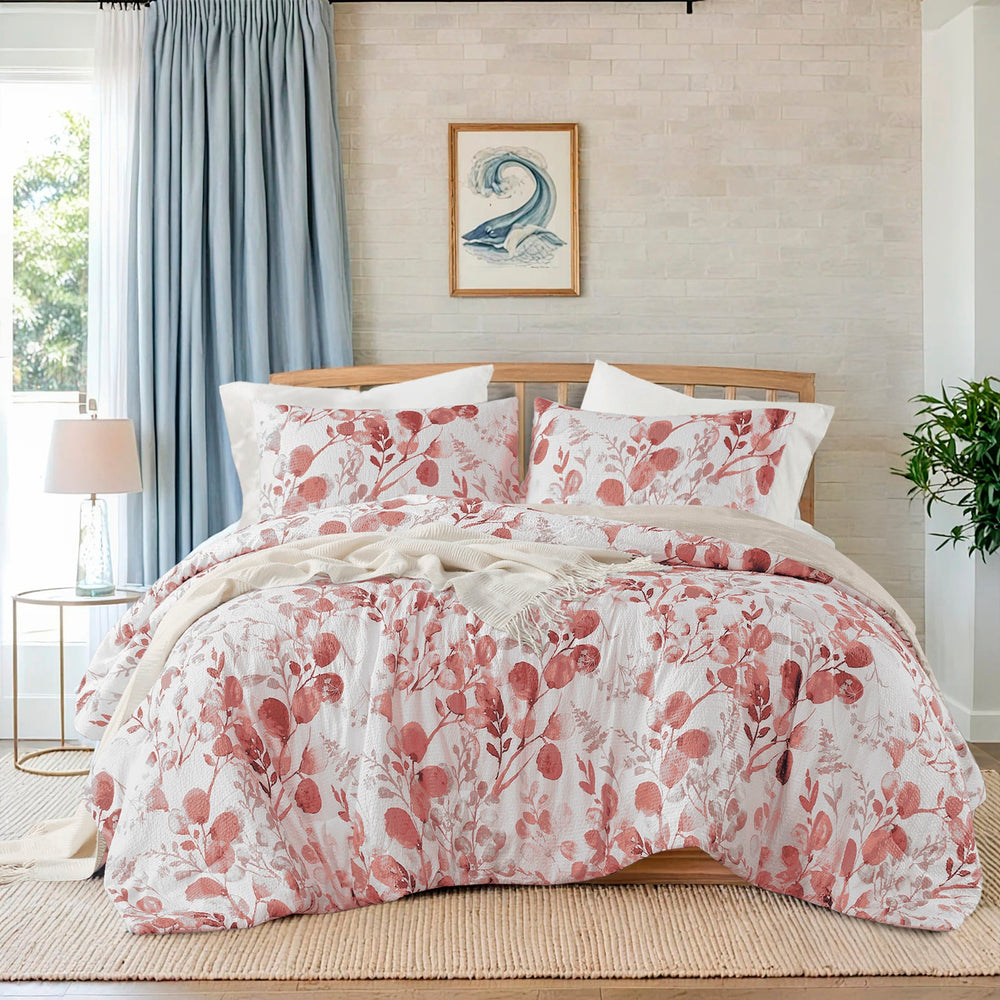 3-Piece King/Cal King Reversible Floral Botanical Seersucker Comforter Set,Pink Media 6
