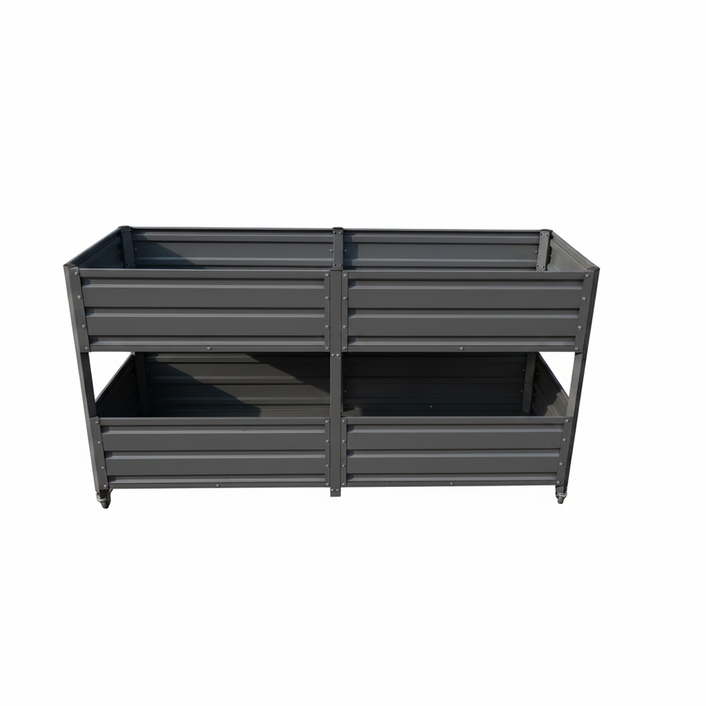 Dual Tier Elevated Metal Raised Garden Bed with Lockable Wheels, Staggered 2-Layer Raised Planter Box for Vegetables Herbs Flowers, Outdoor Patio Backyard Green Planting Bed,Grey Media 13