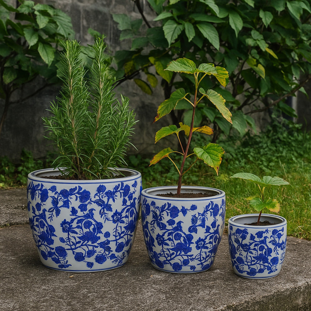 Garden Planter Set of 3, Classical Ceramic Blue White Floral Pattern Media 1