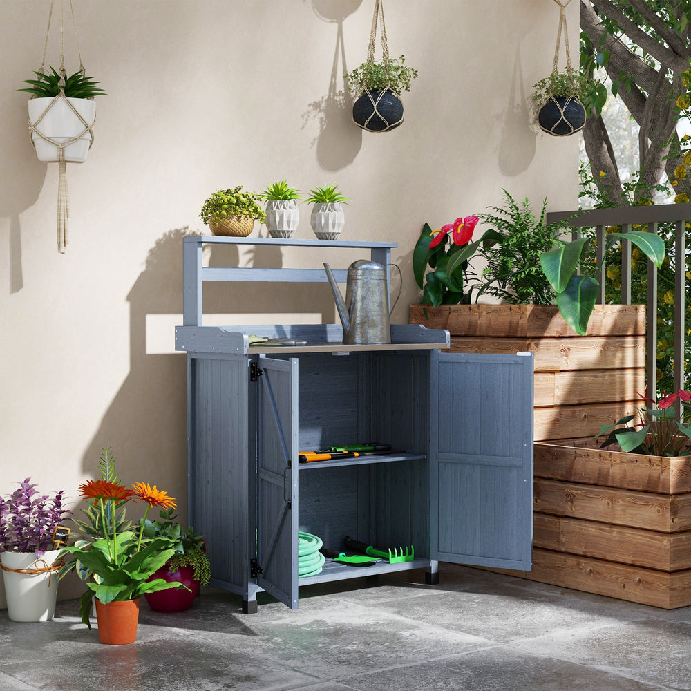 Outsunny Potting Bench, Outdoor Wooden Potting Table with Storage Cabinet with 2 Shelves, Garden Work Bench with Galvanized Plated Tabletop for Backyard, Balcony, Gray Media 2