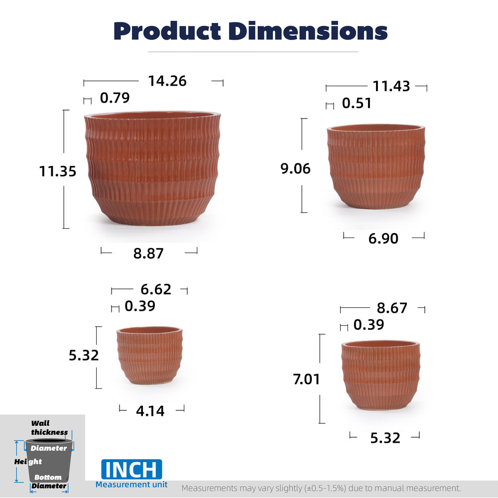Handmade Brick Red Glaze Ceramic Planter Set of 4, 7/9/12/14 Inch, Horizontal Grooves, Indoor & Outdoor Herb Succulent Pots, Breathable Clay with Drainage Holes Media 5