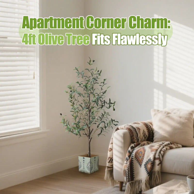 Artificial Olive Tree with Water Droplets: 4ft Potted Realistic Fake Plant Trees with Fruits for Indoor Home Room Office Balcony Decor