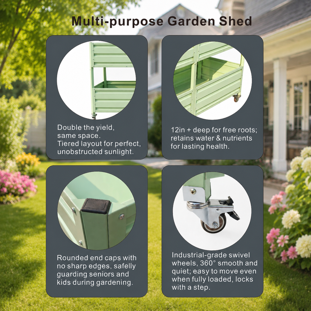 Dual Tier Elevated Metal Raised Garden Bed with Lockable Wheels, Staggered 2-Layer Raised Planter Box for Vegetables Herbs Flowers, Outdoor Patio Backyard Green Planting Bed,Green Media 7