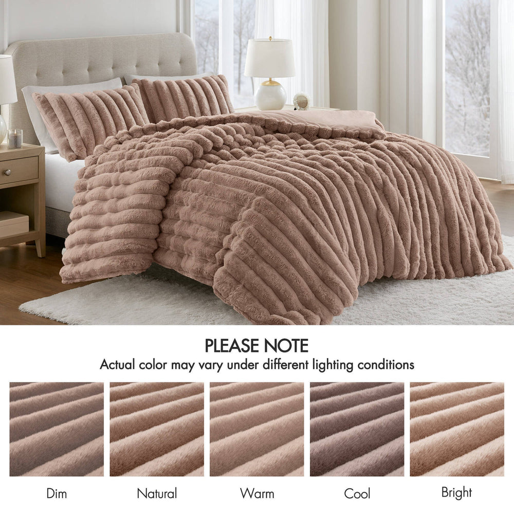 3 Pieces Full/Queen Ultrasoft Faux Fur Ribbed Comforter Set,Mocha Media 4